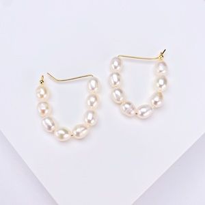 String of Baroque Pearls Elongated Hoop 18K Gold Plated Earrings